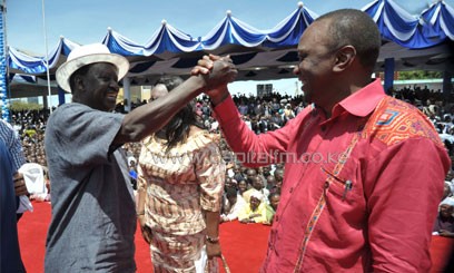 Raila Odinga and Uhuru Kenyatta attend peace prayers/COURTESY