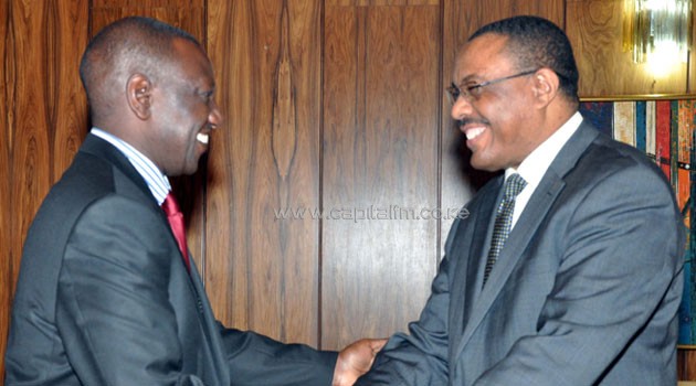 Ruto is received by Ethiopian premier Hailemariam Desalegn/JACOB MUNYAO-DPPS