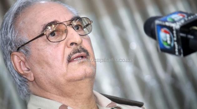 Retired Libyan Army general Khalifa Haftar speaks during a press conference in the town of Abyar, on May 17, 2014/AFP