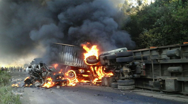Police were still at the scene more than three hours later conducting a search mission following reports that there were more people in the five vehicles involved in the accident after the tanker caught fire/CFM