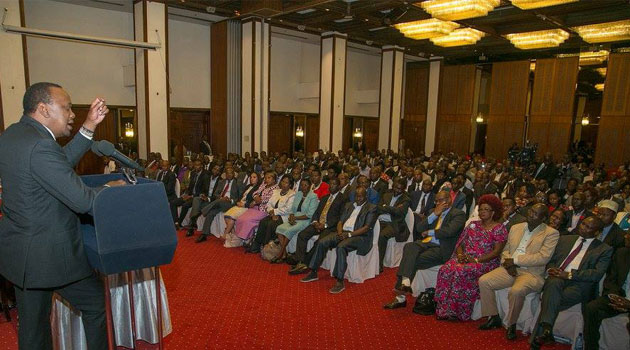 President Kenyatta addressing religious leaders from Elgeyo Marakwet during a fundraiser held at the Laico Regency/PSCU