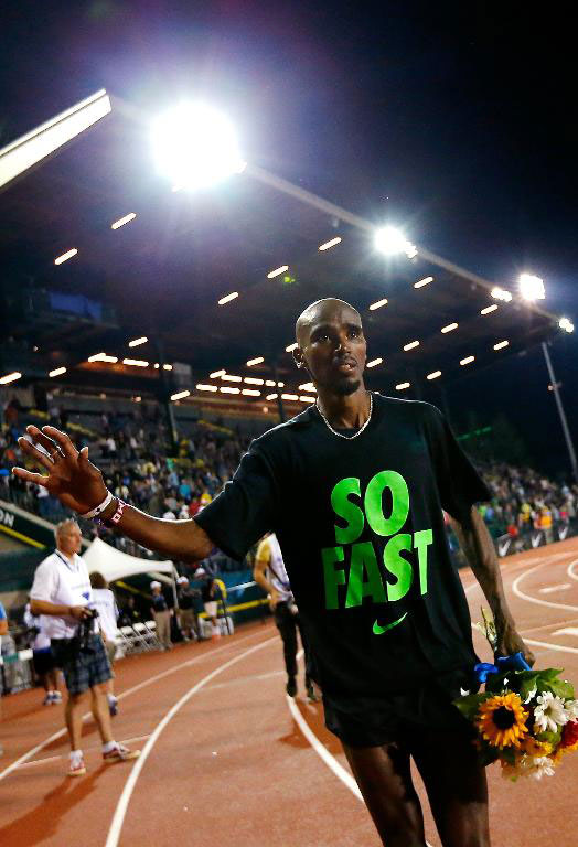 Mo Farah of Great Britain celebrates after winning the 10,000m, on day one of the IAAF Diamond League Prefontaine Classic, at Hayward Field in Eugene, Oregon.