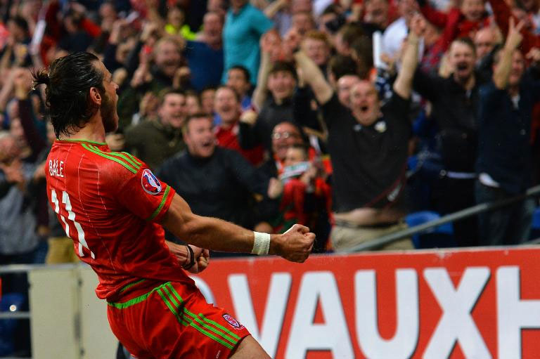 Gareth Bale celebrates scoring for Wales in the Euro 2016 qualifier against Belgium at Cardiff City Stadium on Friday.