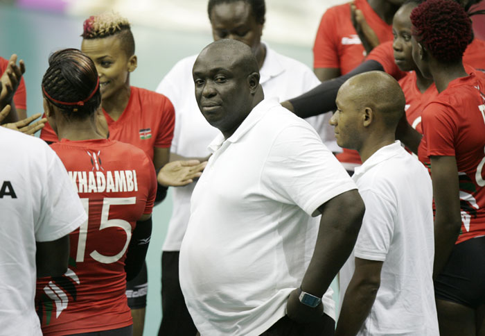 Head coach David Lung'aho looks on as his team celebrates. PHOTO/Raymond Makhaya