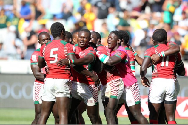 Jubilant Kenya 7s players celebrate after upsetting South Africa's Blitzbokke 14-12 in their Pool B crash of Cape Town Sevens on December 12, 2015. PHOTO/AFP