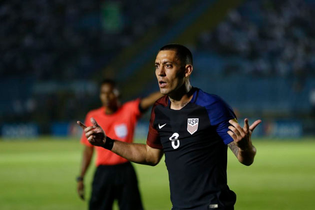 United States' Clint Dempsey gestures to lineman during a 2018 Russia World Cup qualifying soccer match against Guatemala at Mateo Flores Stadium in Guatemala City, Friday, March 25, 2016. (AP Photo/ Moises Castillo)