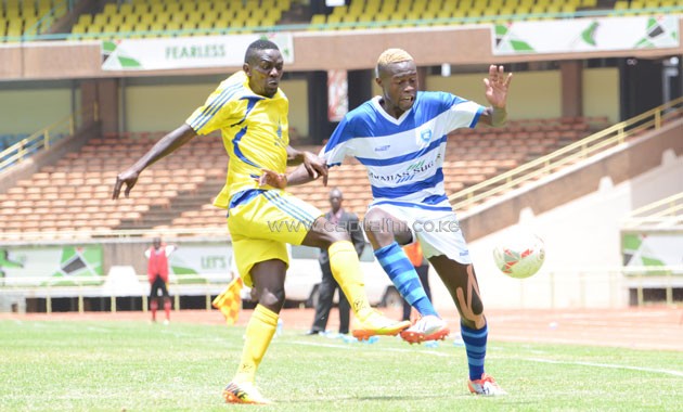 AFC Leopards Eric Masika (right) fights for the ball with Western Stima's Daniel Makachi in their SPL clash. PHOTO/Raymond Makhaya