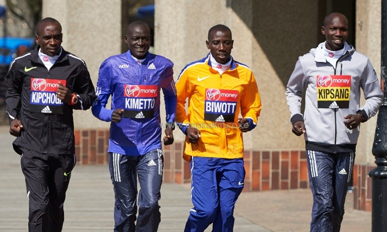 (L-R) Eliud Kipchoge, Dennis Kimetto, Stanley Biwott and Wilson Kipsang look set to be a winning team for Kenya in the 2016 London Marathon on April 24. PHOTO/AFP.