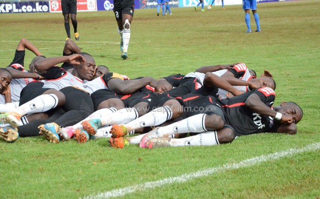Ulinzi Stars midfielder John Mark Makwatta leads team-mates in celebration after scoring the opener against AFC Leopards.PHOTO/Timothy Olobulu