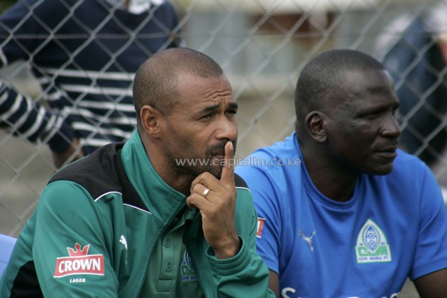Gor Mahia head coach Jose Marcelo (left) with Team Manager Jolawi Abondo (right) overseeing the team at training.PHOTO/Raymond Makhaya.