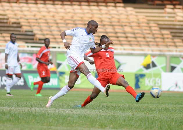 Harambee Stars midfielder Francis Kahata attempting to block a shot from a Congo player.PHOTO/Raymond Makhaya.