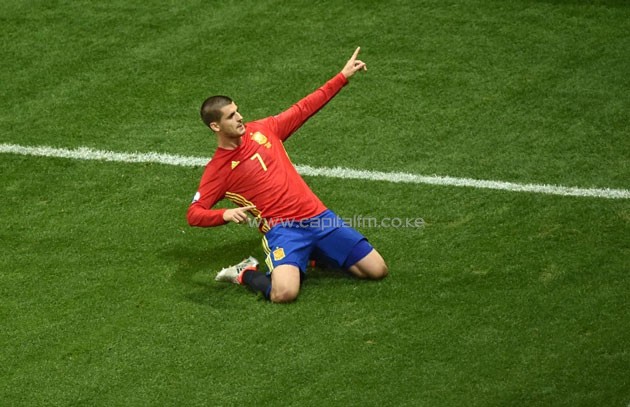 Spain's forward Alvaro Morata celebrates after scoring the 1-0 during the Euro 2016 group D football match between Spain and Turkey at the Allianz Riviera stadium in Nice on June 17, 2016.