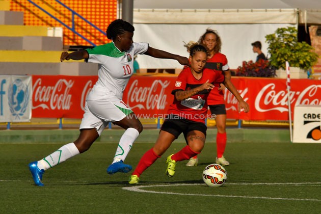 Harambee Starlets midfielder Christine Nafula wheels past a Benfica opponent. PHOTO/COTIF