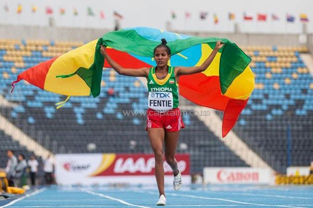 Kalkidan Fentie celebrates winning the women's 5000m title at the IAAF World U20 Championships Bydgoszcz 2016. PHOTO/GETTY IMAGES FOR IAAF