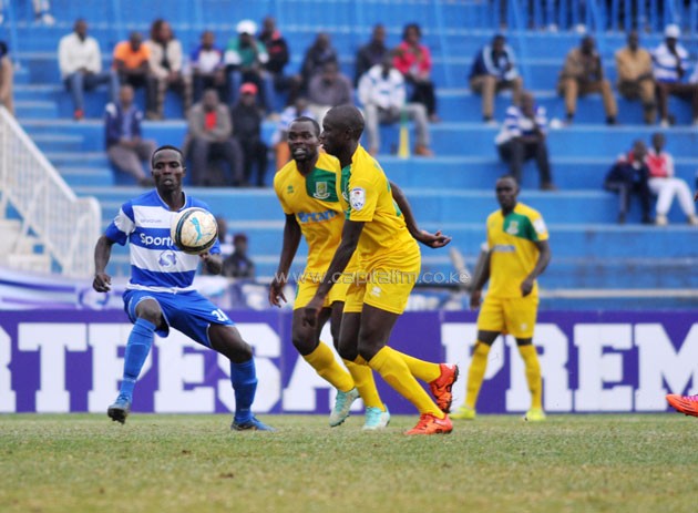 Mathare United midfielder Eric Johanna against AFC Leopards’ Bernard Mang’oli.PHOTO/Raymond Makhaya.