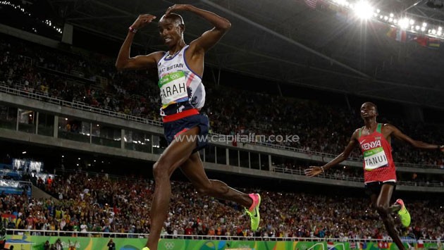 Briton Mo Farah crosses the line to win the 10,000m race ahead of Kenya's Paul Tanui. PHOTO/NBC