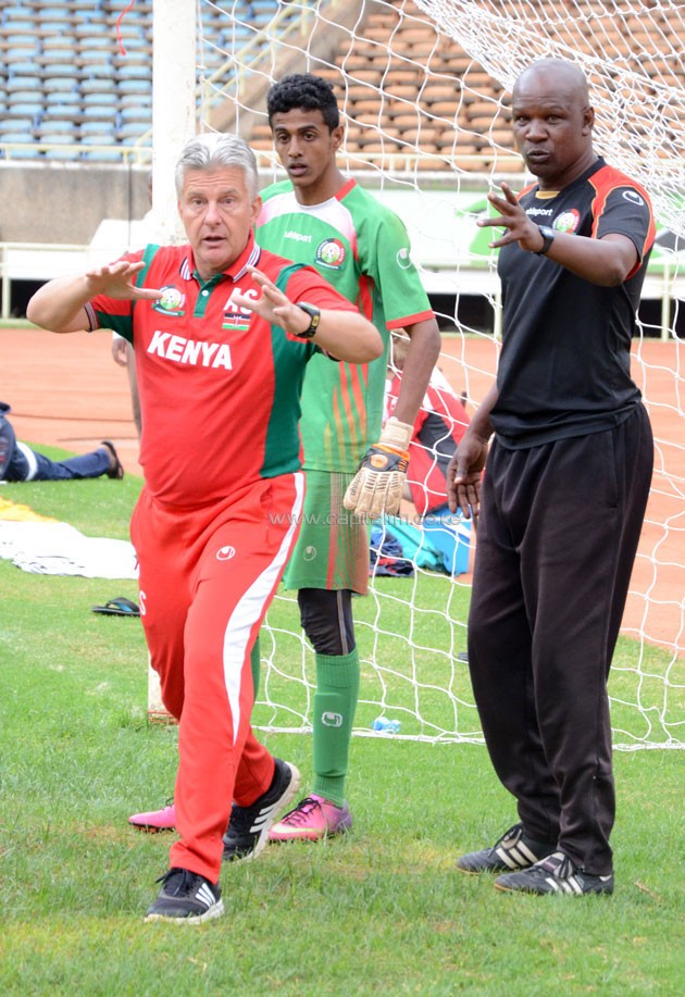 Haranbee Stars Under-17 coach Andres Spier takes time to pass instructions to the goalkeepers. Watching is keeper trainer Sunil Shah.