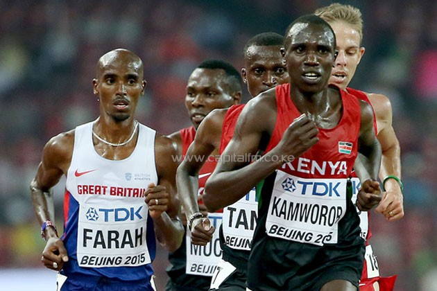 Geoffrey Kamworor leads compatriots Paul Tanui and Bedan karoki in the World Championship final last year with Mo Farah keenly following. PHOTO/IAAF