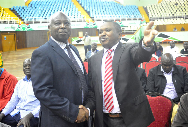Sports Kenya Fred Muteti (right) with AK President Rtd Jackson Tuwei during the Federations meeting on Monday at Kasarani Stadium.PHOTO/Raymond Makhaya.