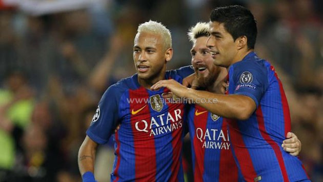 Neymar, Lionel Messi and Luis Suarez celebrate the demolition of Celtic FC in a UEFA Champions League match on September 13, 2016. PHOTO/YAHOO
