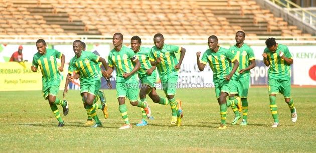 Kariobangi Sharks players celebrating after progressing to the next round of the GOtv Shield. PHOTO/Raymond Makhaya.