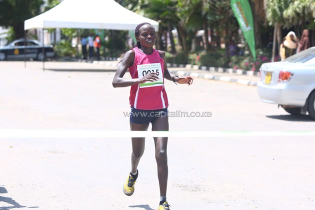 42KM Women winner Nancy Jebet crosses the finish line at the Safaricom Mombasa International marathon