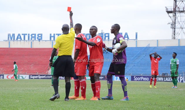 Ulinzi stars defender Mohammed Hassan been shown red card in the match where Gor won 1-0.PHOTO/Timothy Olobulu