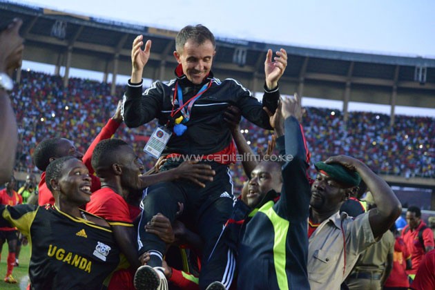 Uganda Cranes head coach Milutin ‘Micho’ Sredojevic being hoisted high by Uganda fans after guiding the nation to their first AFCON in 38 years.PHOTO/courtesy.