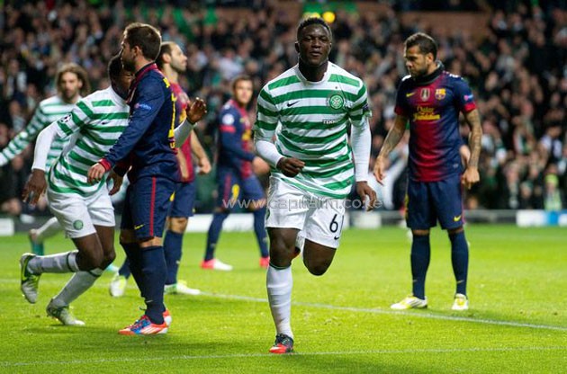 Victor Wanyama wheels away in celebration after scoring the winner for Celtic in a 2-1 result against Barcelona in 2012. PHOTO/DAILY RECORD