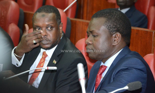 Sports Cabinet Secretary Hassan Wario (left) and his Principal Secretary Richard Ekai when they appeared before the Parliamentary Committee on Labor and Social Affairs on September 6, 2016. PHOTO/TIMOTHY OLOBULU