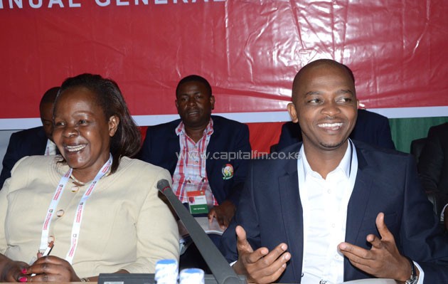 FKF President Nick Mwendwa (Right) and his deputy Dorris Petra all smiles during the FKF AGM at teh Kenya School of Monetary Studies on Cotober 15, 2016.PHOTO/Timothy Olobulu