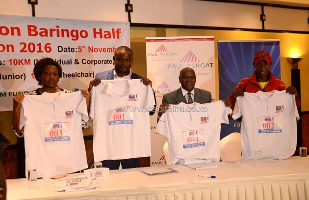 (L-R) Baringo County Executive for SPorts Emily Kibet, Lotto CEO Brian Waluchio, Athletics Kenya Vice Chair Paul Mutwii and legendary kenyan athlete Douglas Wakihuri during the launch of this year's Baringo Half Marathon. PHOTO/Timothy Olobulu