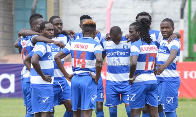AFC Leopards players hurdle together before a past Kenyan Premier League match. PHOTO/Timothy Olobulu