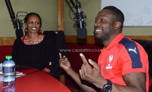 Former Arsenal Star Lauren chats with Capital in the Morning presenter Renee Ngamau at the Capital Studios on December 9, 2016. PHOTO/Timothy Olobulu
