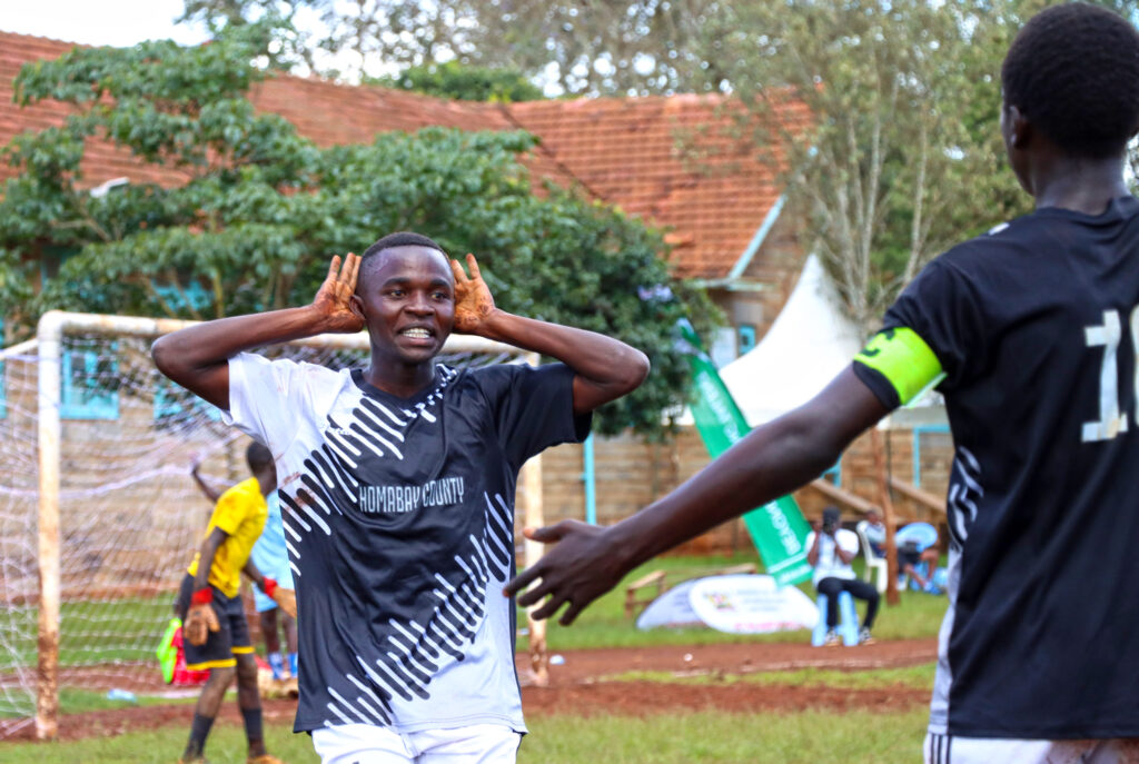 Homabay County's Kenyatta Onyango celebrates his goal against Kisii. PHOTO/Timothy Olobulu