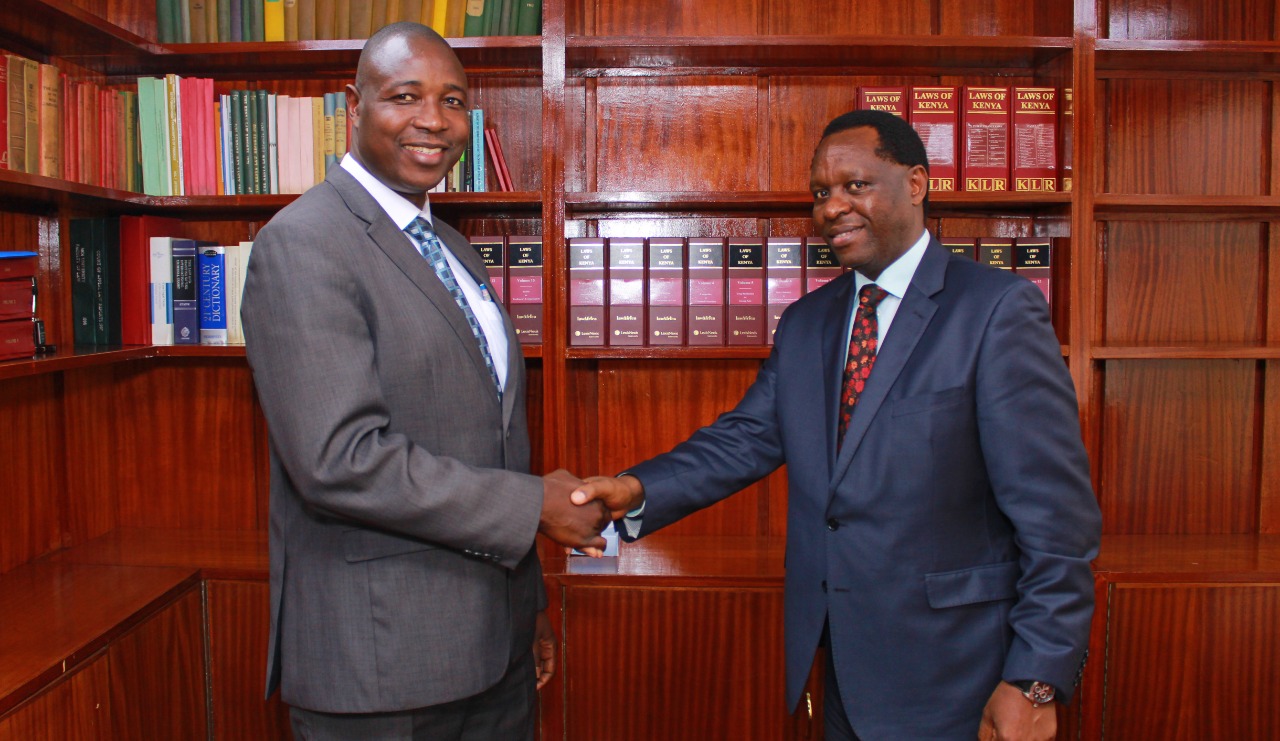 NCA Executive Director Eng. Maurice Akech pays a courtesy call to Solicitor General Kennedy Ogeto, a key note speaker during the International Construction Research Conference and Exhibition