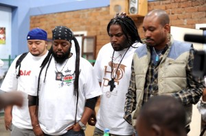 J Boog, Peetah Morgan, Gramps Morgan and Anthony David visits Alive and Kicking workshop in Nairobi, Kenya (photo: Susan Wong / Sept 27, 2011)