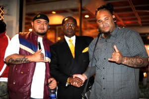 J Boog and Music Producer Anuwatu with Chairman Chris Kirubi at Capital FM's cocktail in Nairobi, Kenya (Photo: Susan Wong / Sept 28, 2011)