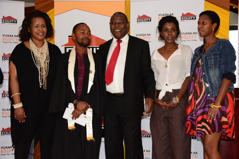 From left to Right Chairlady Association of Fashion Designers Kenya Sally Karago; winner of  Vijana na Equity Campaign Arnold Muriithi; Equity Group Foundation Chairman, Dr James Mwangi; Leading Fashion Designer, Katungulu Mwendwa; and Managing Director “in the bag” Linda Muriithi during the graduation ceremony of the  top 40 budding fashion designers. 