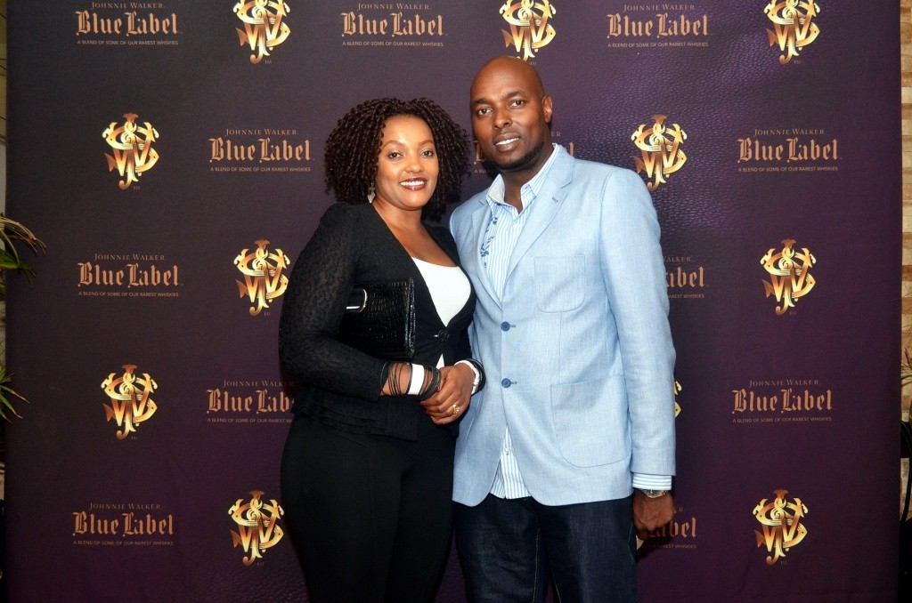 Patrick Mathenge (right) of DLR Group pose for a photo with Elly Mathenge of Techno Brain during the tasting of Johnnie Walker Blue at the Seven Bar and Grill.