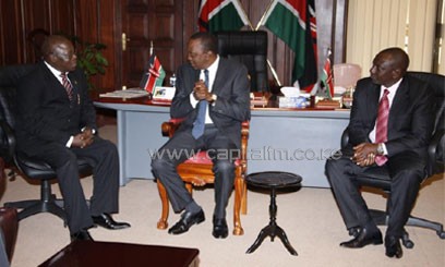 President-elect Uhuru Kenyatta with Deputy President-elect William Samoei Ruto meeting with Ghana High Commissioner to Kenya, Kingsley Saka Abdul Karimu when he delivered the congratulatory message from President John Dramani Mahama/CFM