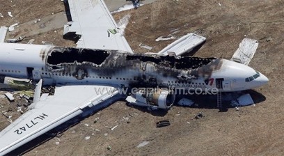 A Boeing 777 airplane after it crash-landed at San Francisco International Airport July 6, 2013 in San Francisco, California. The plane, which crashed after landing short of the runway was only seven years old and had no known mechanical problems, the Asiana Airlines CEO said/AFP