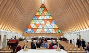 Image taken by Bridgit Anderson on August 4, 2013 shows the first service held inside Christchurch's cardboard cathedral/AFP