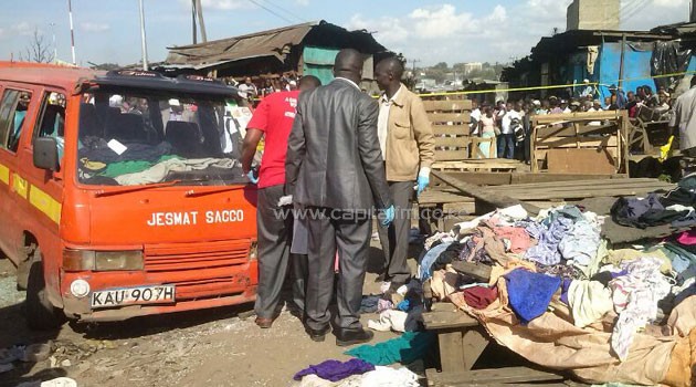 Police officers at a terror attack scene in Gikomba market, Nairobi last month. Kenya has suffered a series of similar attacks since 2011. Photo/FILE.