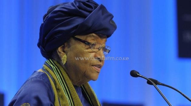Liberia's President Ellen Johnson-Sirleaf speaks in Davos on January 22, 2014/AFP