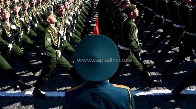Russian soldiers parade through Red Square in Moscow, on May 9, 2014/AFP