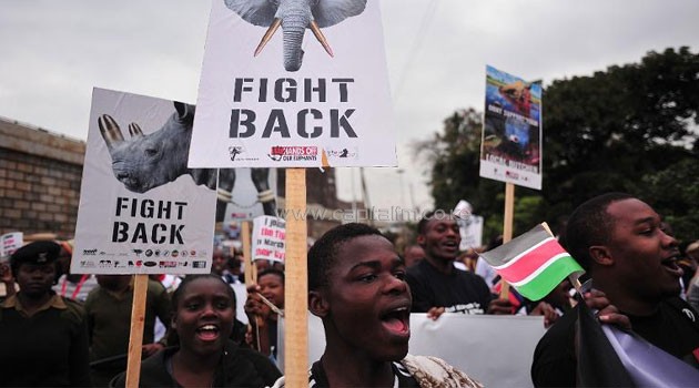 Hundreds of Kenyans join conservationists and activists for a march demanding action to stop the soaring rhino and elephant poaching. Photo/AFP