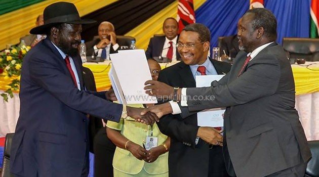 South Sudan President Salva Kiir, former vice President Riek Machar and Deng Alor Kuol signed the historic agreement/PSCU