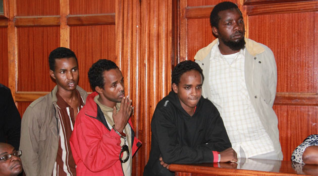Abubakar Salim Kitonga, Maslah Daud Hassan, Musa Daud Hassan and Shukri Abdi Salat were arraigned at the Milimani Law courts where they denied the charges/MIKE KARIUKI