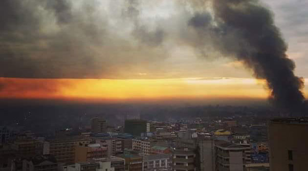 As at 8 am, fire engines were still battling the inferno which destroyed hundreds of stalls, leaving owners in shock. Photo/NANA GATHONI.